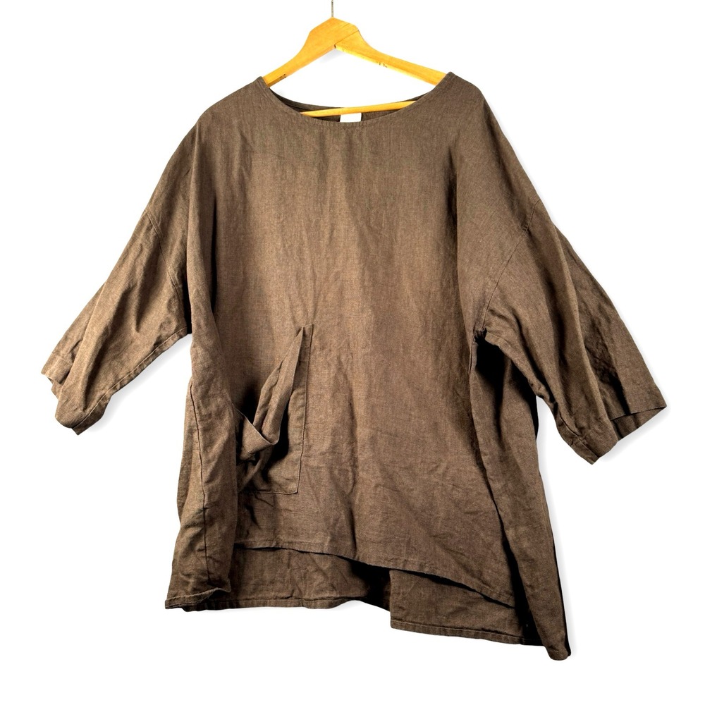 Elizabeth Suzann Womens 100% Linen Brown Tunic Shirt